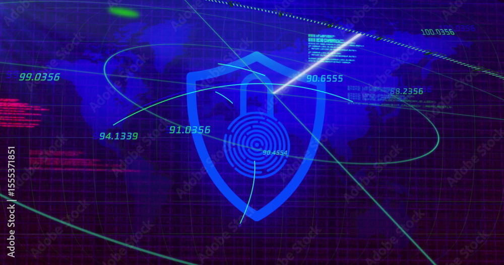 Poster digital security shield with lock icon over world map and data image
