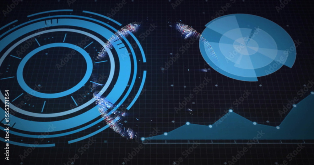 Poster displaying holographic dashboard hovering over grid, with rotating hud, pie chart and data nodes