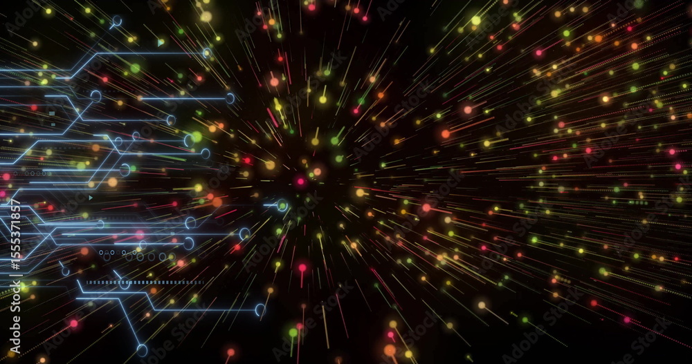 Poster image of colorful particles radiating outward with digital data elements