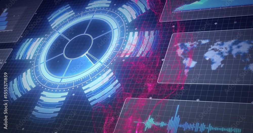 Poster holographic hud floating on dark grid, with data arcs, panels, world map, waveform and line charts