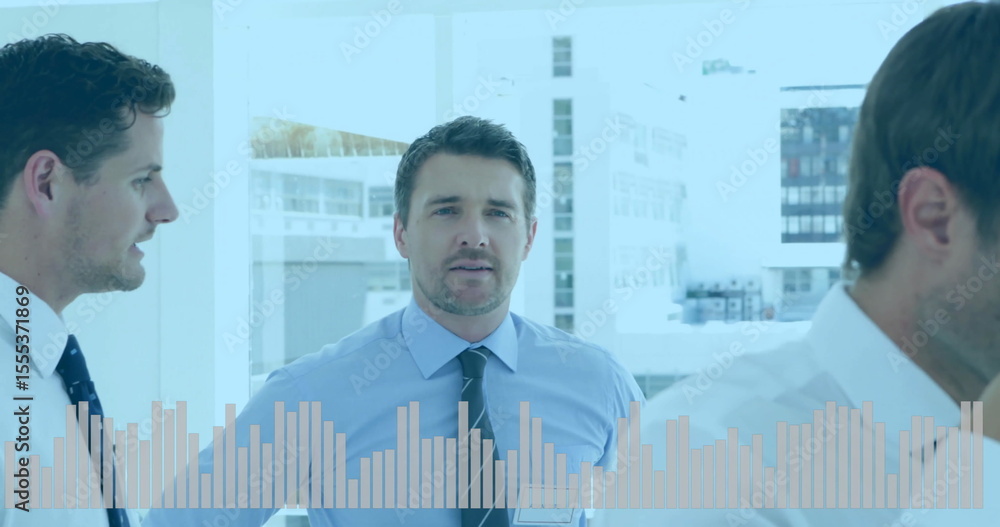 Poster discussing business, professionals analyzing bar graph image in office setting