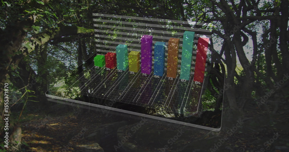 Poster animating bar graph over forest background with sunlight filtering through trees