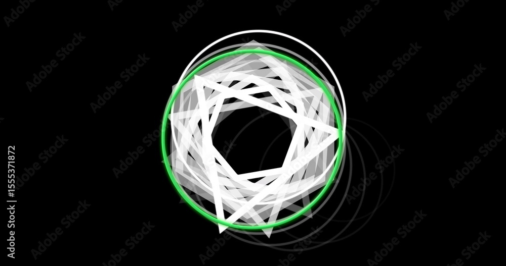 Poster displaying layered translucent polygons inside neon green circle on black backdrop with grey rings
