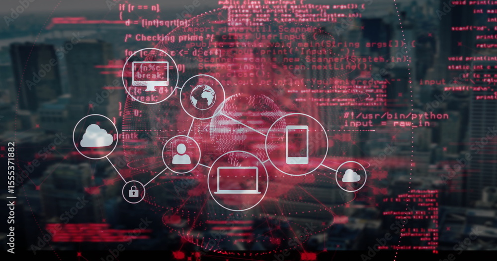 Poster image of digital network icons with red coding over cityscape data processing