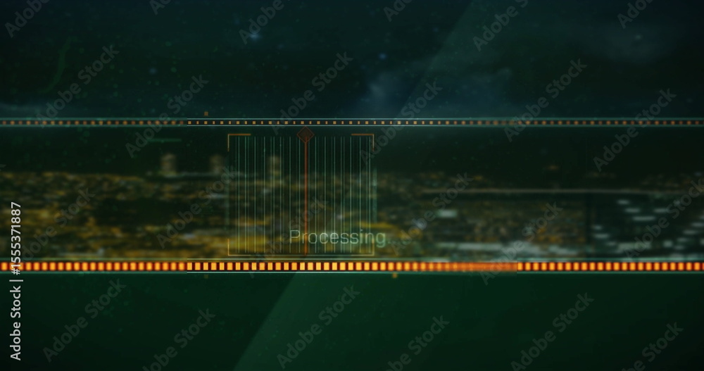 Poster displaying processing indicator cluster overlaying night skyline, with orange ticker bars