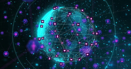 Interconnected icons glowing over globe in digital network image design