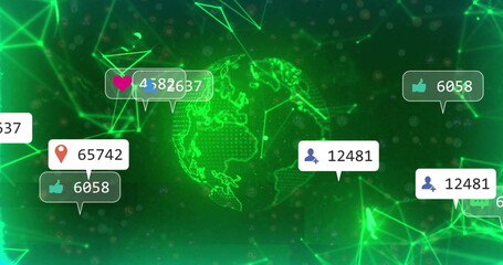 Social media notifications and interactions image over digital green globe