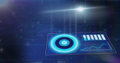 Floating holographic panel in interface, with gauge, bar chart, line graph and digits, copy space