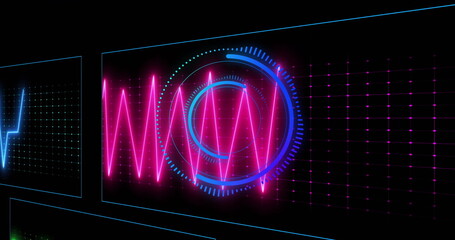 Neon magenta waveform pulsing in blue HUD rings at console, with cyan waveform and magenta grid
