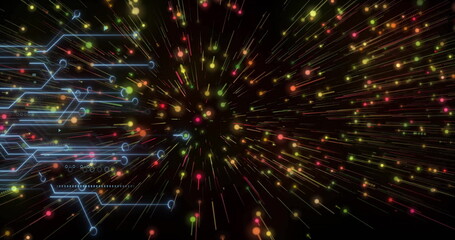 Image of colorful particles radiating outward with digital data elements