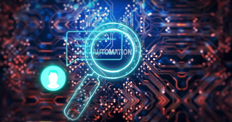 Highlighting neon magnifying glass scanning Automation on lit circuit traces, with green user icon