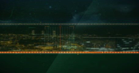 Displaying processing indicator cluster overlaying night skyline, with orange ticker bars