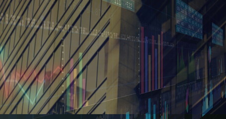 Displaying data overlay with vertical beams on tower, showing bar charts line graphs and tickers