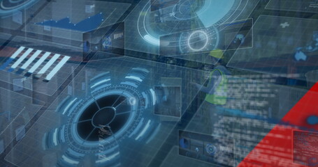 Monitoring warehouse worker in yellow hard hat and safety vest scanning holographic UI, copy space