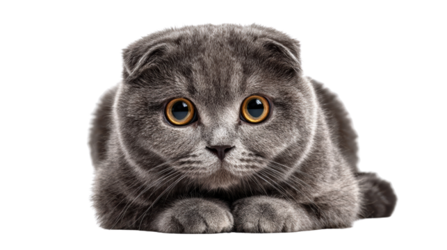 Adorable Scottish Fold cat with big eyes resting on a white isolated background.