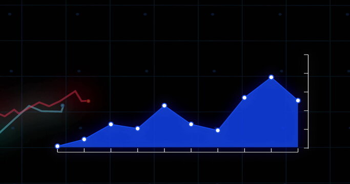 On dark grid background, blue line graph image showing upward trend - Powered by Adobe