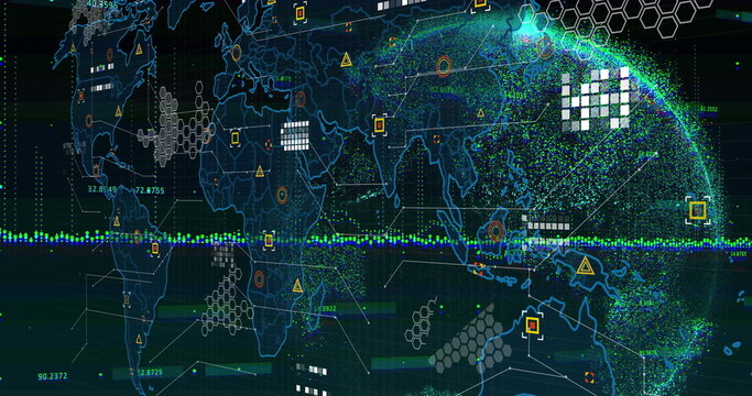 Displaying stylized world map and data globe in console, showing hex grids and connecting lines