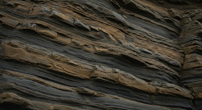 Textured Layers of Dark Brown and Gray Rock Face in Natural Light