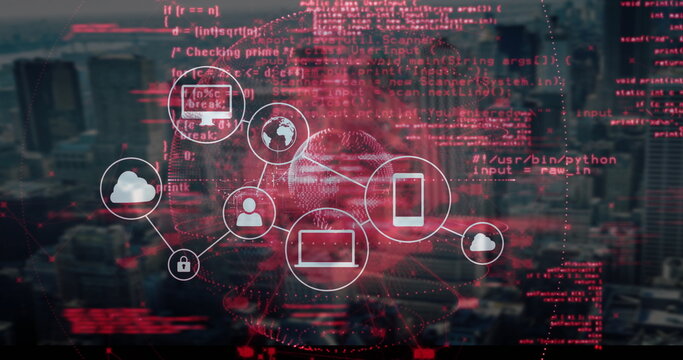 Image of digital network icons with red coding over cityscape data processing