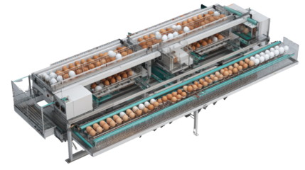 Automated egg production machinery on a white isolated background.