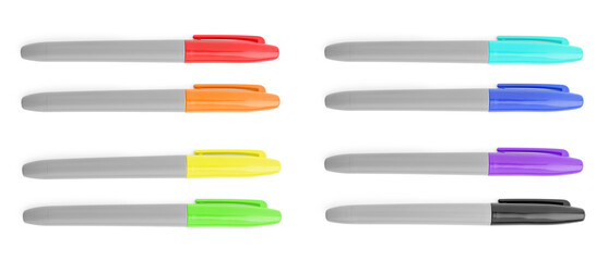 Many colorful markers isolated on white, set