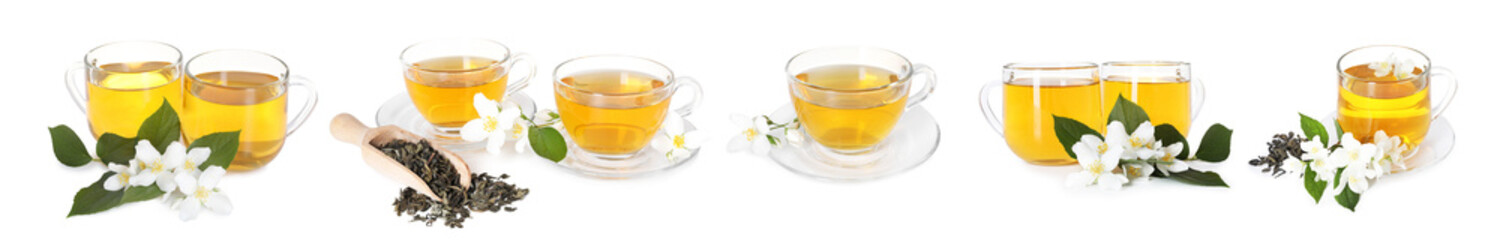 Delicious jasmine tea and fresh flowers on white background, set