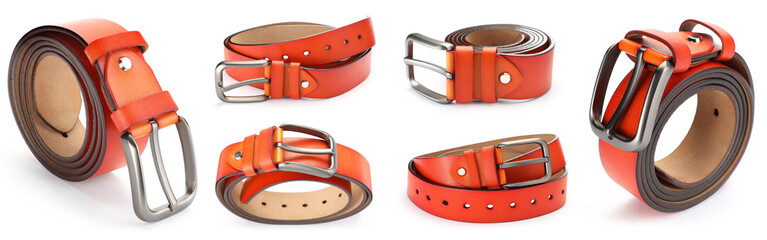 Bright leather belt on white background, collage