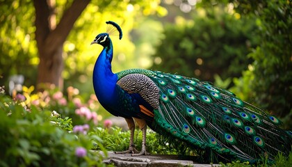 Obraz premium Peacock in a garden setting