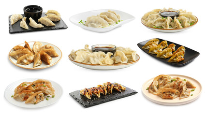 Tasty gyoza (dumplings) on white background, collage