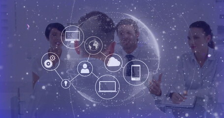 Office professionals reviewing digital globe overlay at conference table, wearing suits with laptop