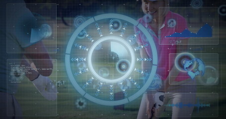 Senior man and woman aligning putters at golf ball on putting green, wearing glove, HUD overlays