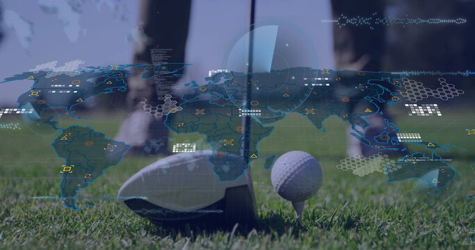 Aligning metal driver head beside golf ball on tee at course, with floating digital map overlay