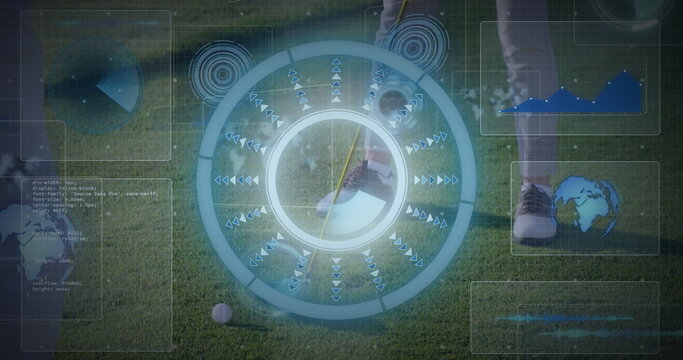 Positioning mature golfers in golf pants preparing club over ball on fairway, with digital HUD