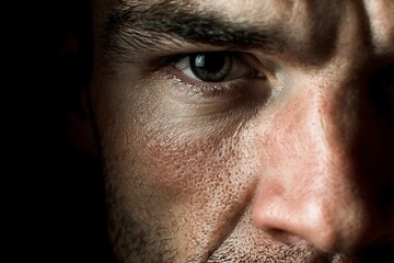 Fototapeta premium The white man's eyes are filled with deep emotion, and there is a shadow on half his face.