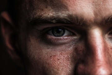 Fototapeta premium The white man's eyes are filled with deep emotion, and there is a shadow on half his face.