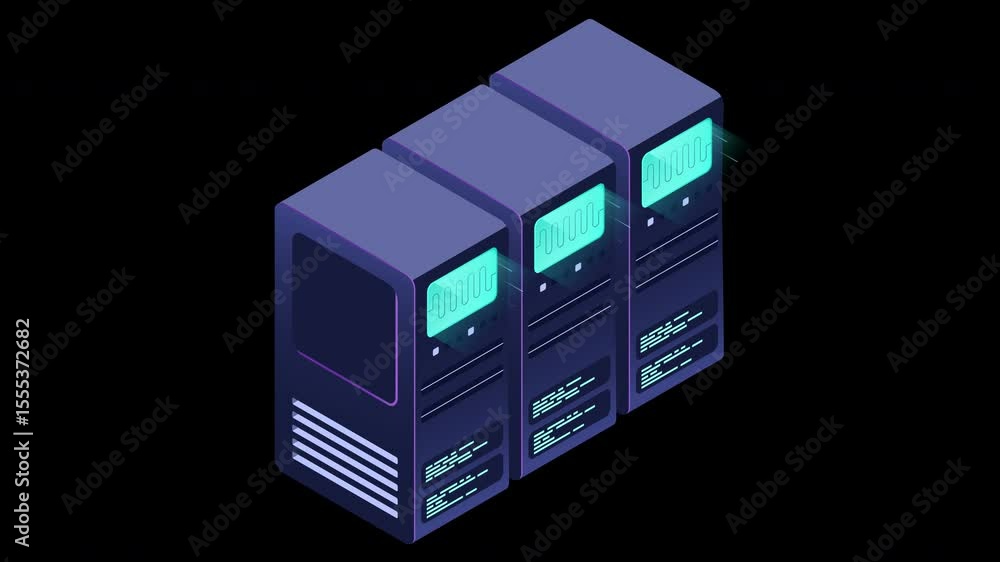 Poster Isometric futuristic server animation. Isometric database or data center. Abstract blockchain. Computer storage. Cloud storage. Transparent background with alpha channel