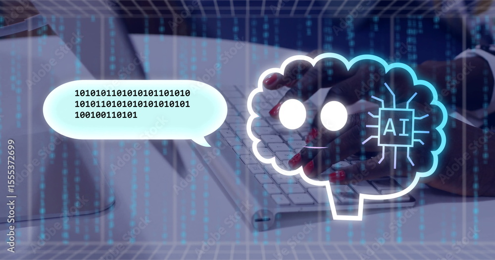 Poster typing hands pressing white keyboard at office desk, with binary code streams and ai brain graphic