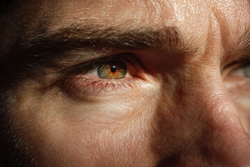 White man's eyes with proud expression, distant gaze, morning sunlight reflection, glowing iris