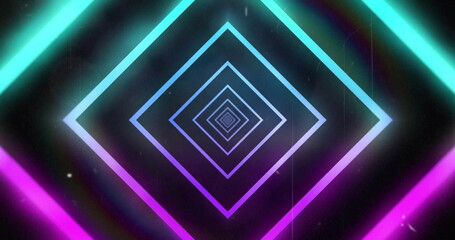 Glowing abstract shapes receding into digital tunnel at graphic design scene, with neon diamonds