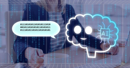 Holding coffee mug, business woman writing in notebook in office with binary code, AI brain overlay