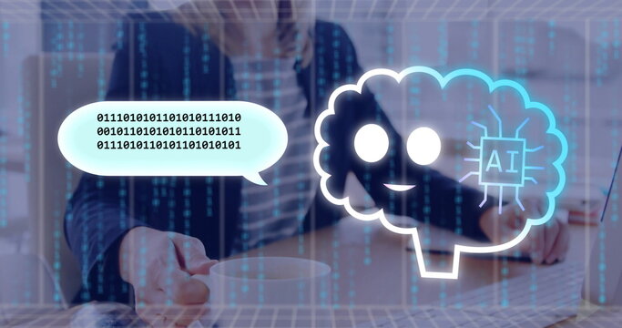 Holding coffee mug, business woman writing in notebook in office with binary code, AI brain overlay