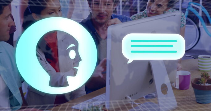 Six coworkers collaborating around computer monitor in open office with coffee and overlay icons