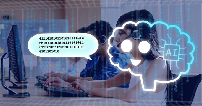 Typing support agent wearing white sleeveless top, headset at desk with binary overlay, copy space