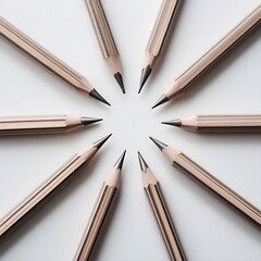 Obraz premium Closeup of sharpened pencils arranged in a perfect circle on white background, minimalistic school concept background copy space mockup aesthetic vintage