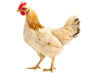 Fototapeta premium A lone brown farm hen stands on a white background, a studio shot capturing the isolated poultry bird