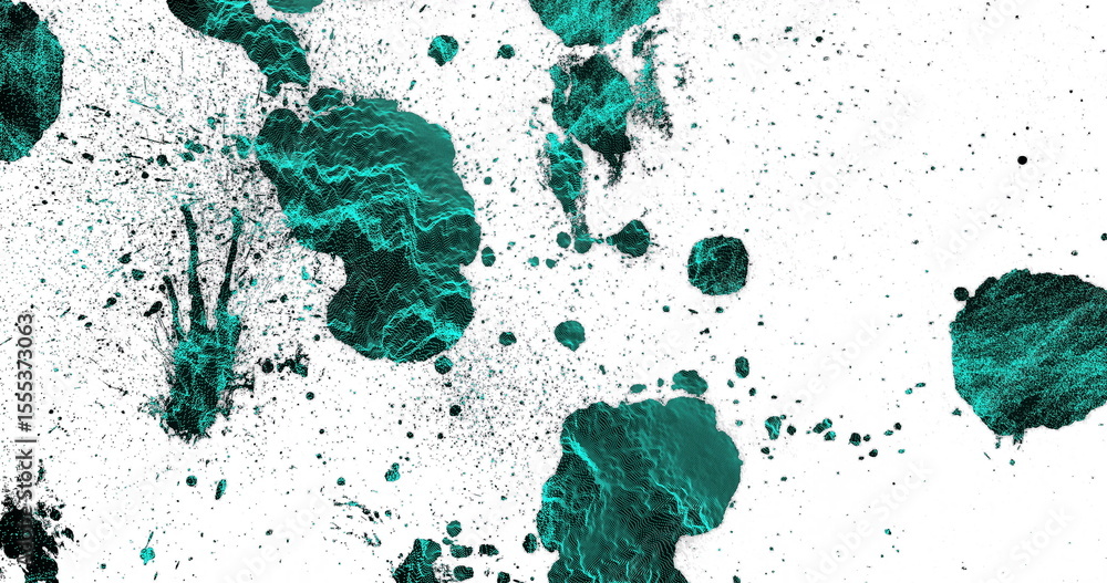 Poster displaying teal-green wireframe shapes floating on white canvas with black speckles and fragments