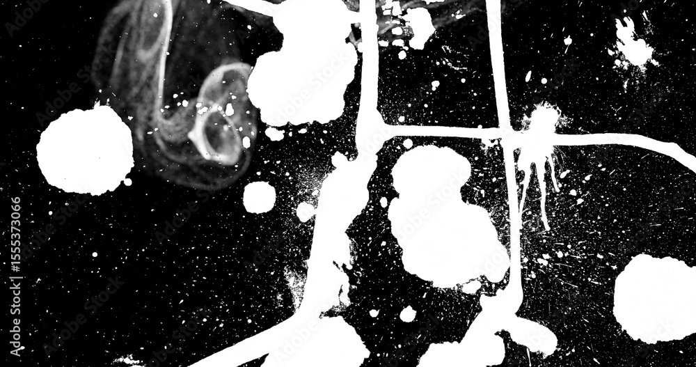 Poster displaying abstract white paint splatter pattern on canvas surface, featuring drips streaks blobs