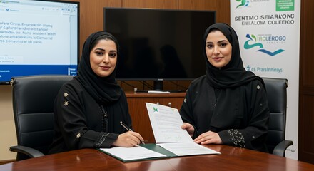 Two Emirati women in abayas sign a significant business agreement, symbolizing progress and partnership.