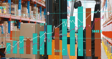 Operating forklift carrying pallet of boxes in warehouse, with teal bar charts, line graphs overlay