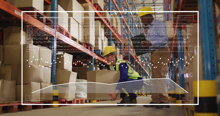 Warehouse workers in safety gear handling boxes scanning stock in warehouse, with digital overlay